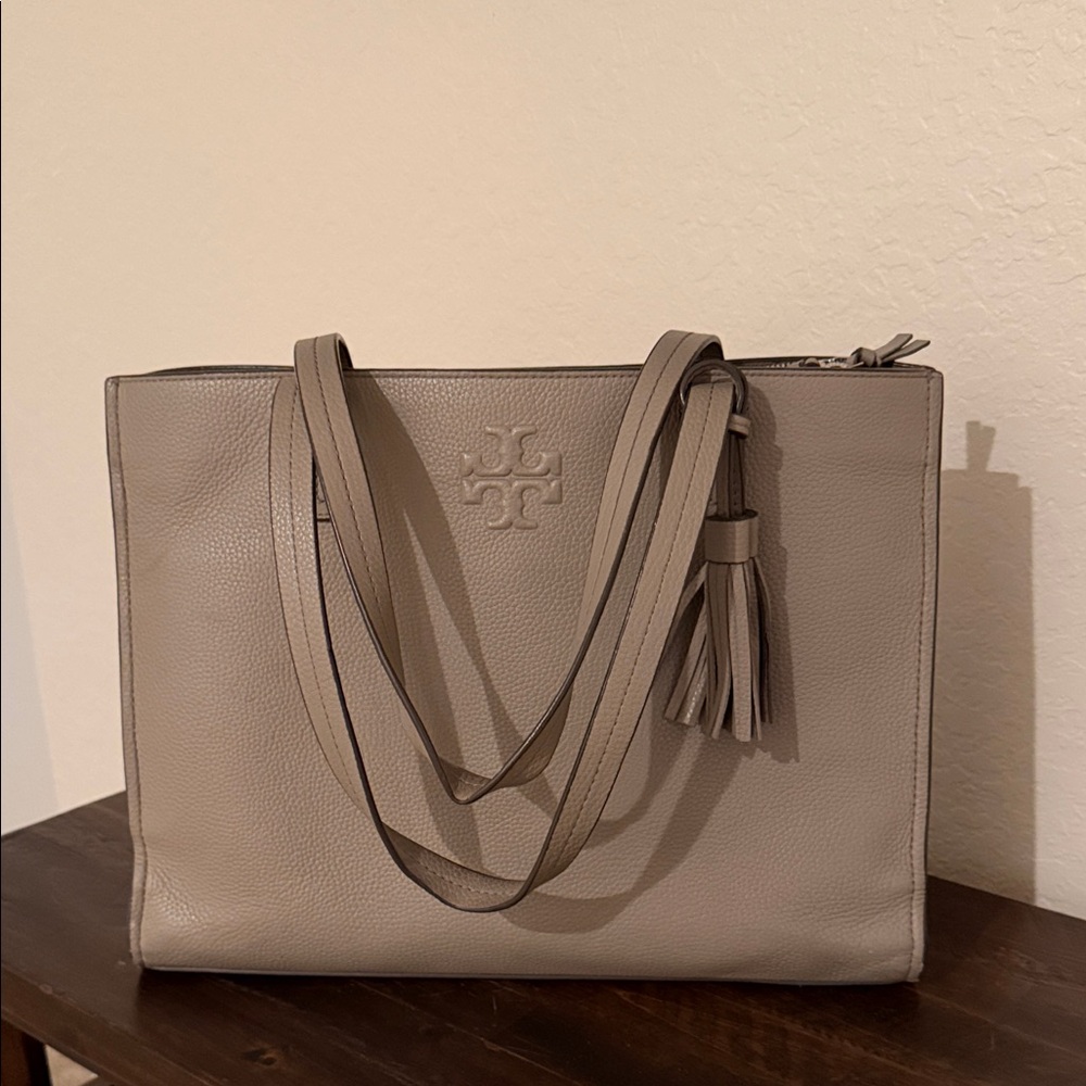 Tory Burch Taupe Pebbled Leather Tote with Tassel